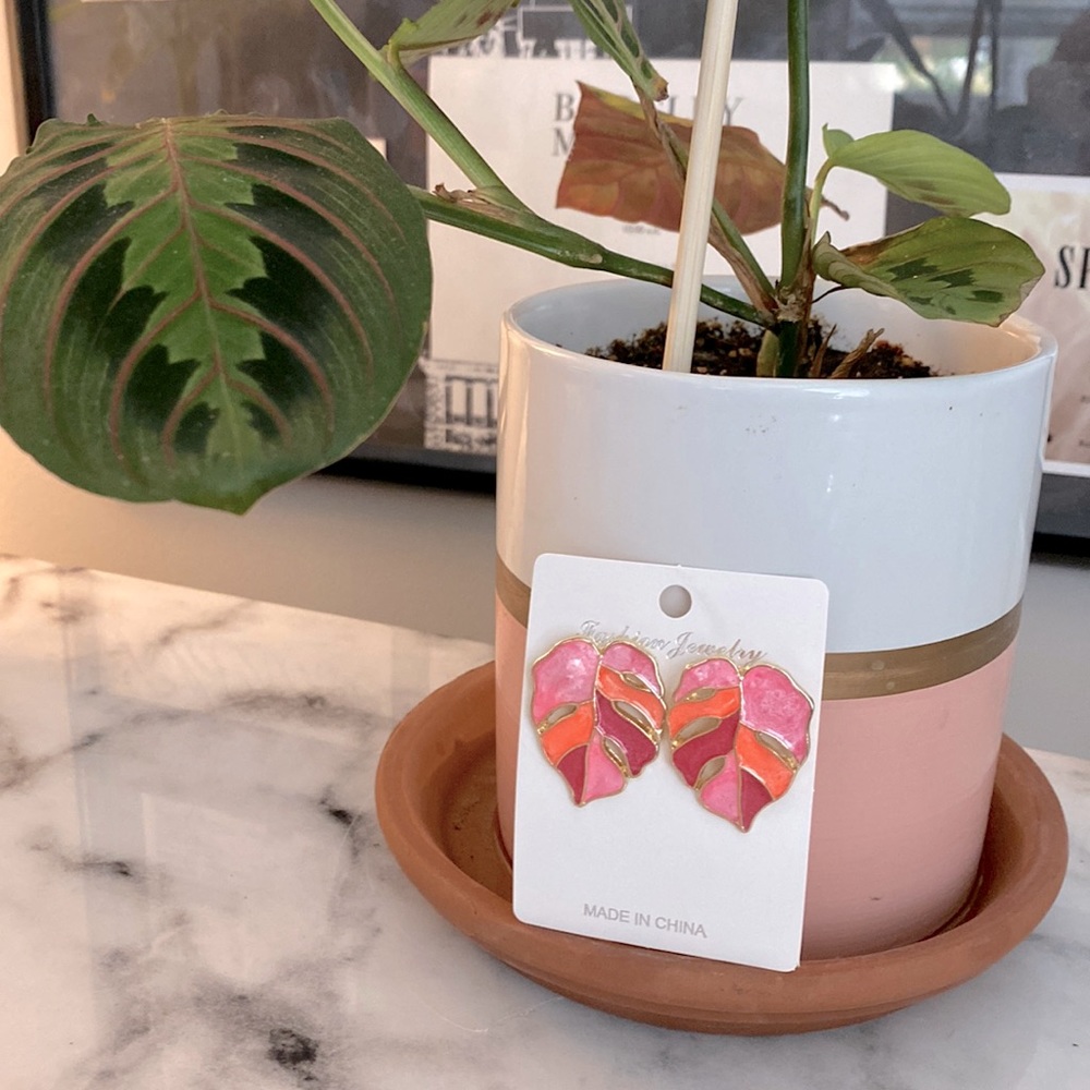 Pink and Gold Monstera Leaf Tropical Earrings Zara Inspired